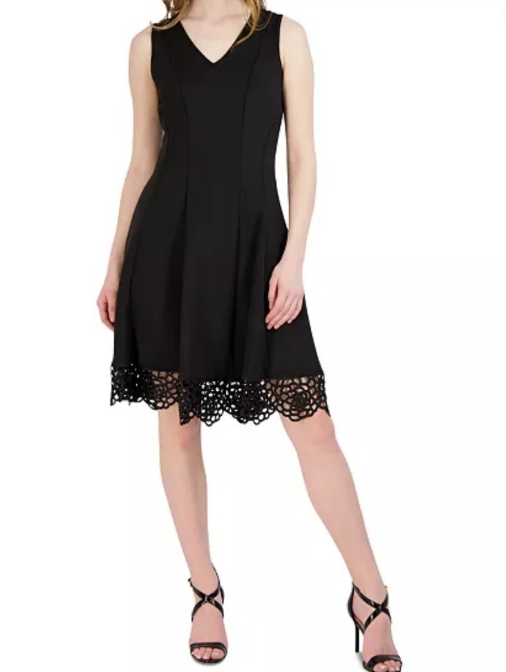 Donna Ricco Black Sleeveless Fit And Flare Dress with Lace Hem Size 14P In EUC